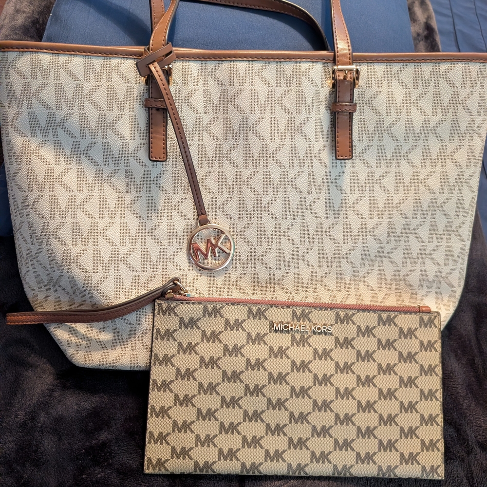 Michael Kors Tan and Brown Logo Tote Set W/ Clutch Wristlet